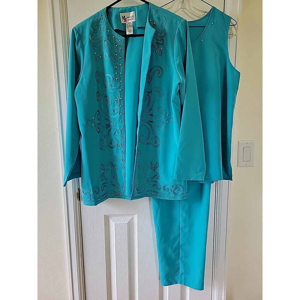 Maggie‎ Sweet Pants Set Medium 3 Piece Turquoise Embellished Braid Studs Pockets